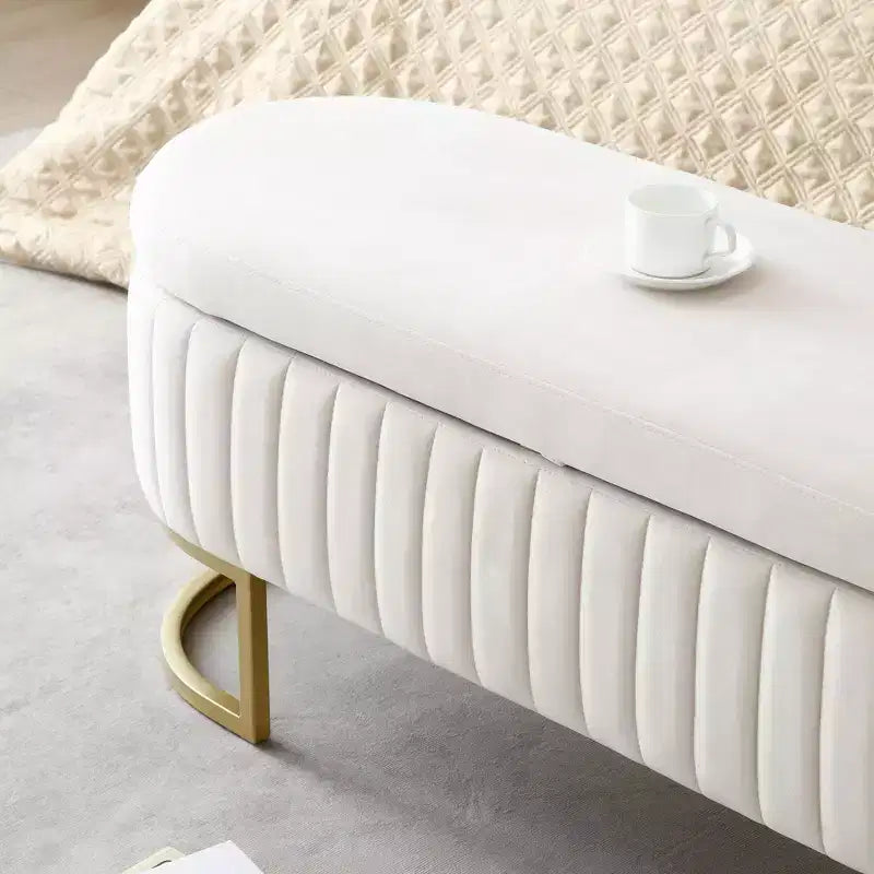 Okak 50IN Pouf de rangement ovale avec pieds en métal doré, banc d'entrée rembourré, banc de rangement de bout de lit pour chambre, salon