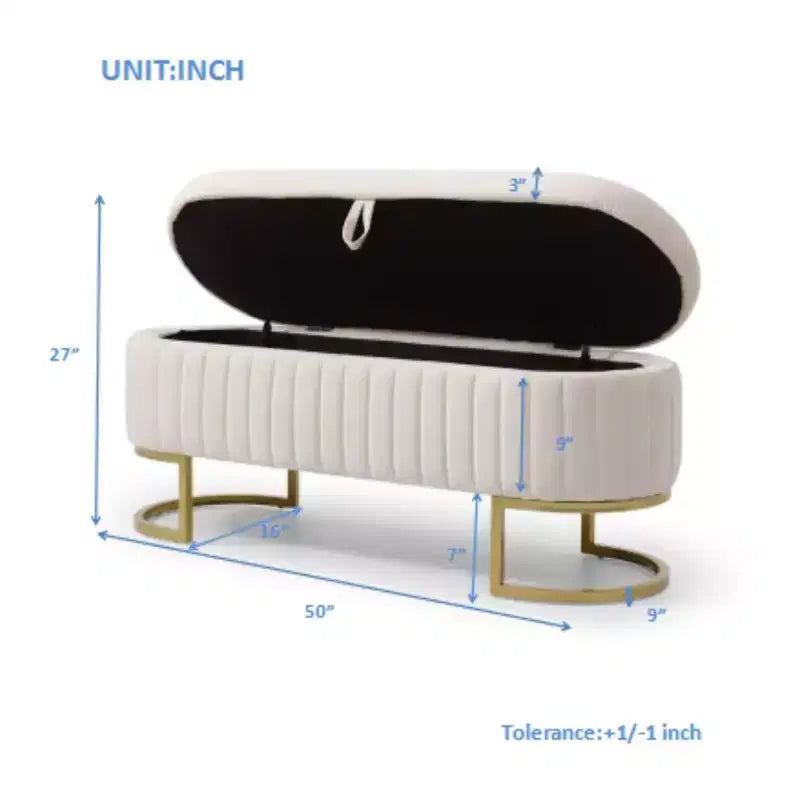 Okak 50IN Pouf de rangement ovale avec pieds en métal doré, banc d'entrée rembourré, banc de rangement de bout de lit pour chambre, salon
