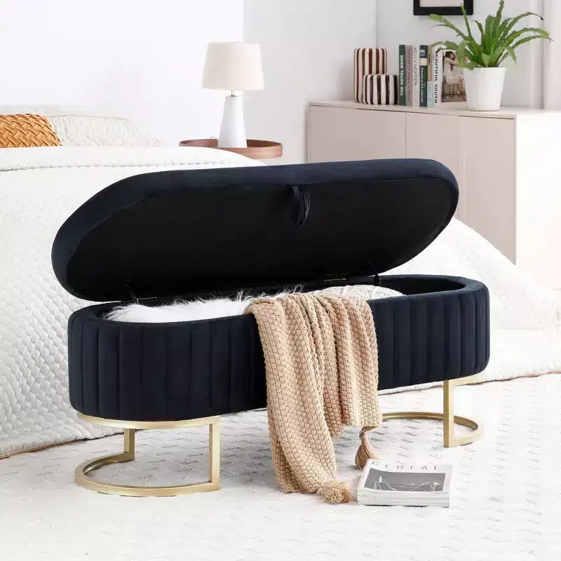 Okak 50IN Pouf de rangement ovale avec pieds en métal doré, banc d'entrée rembourré, banc de rangement de bout de lit pour chambre, salon