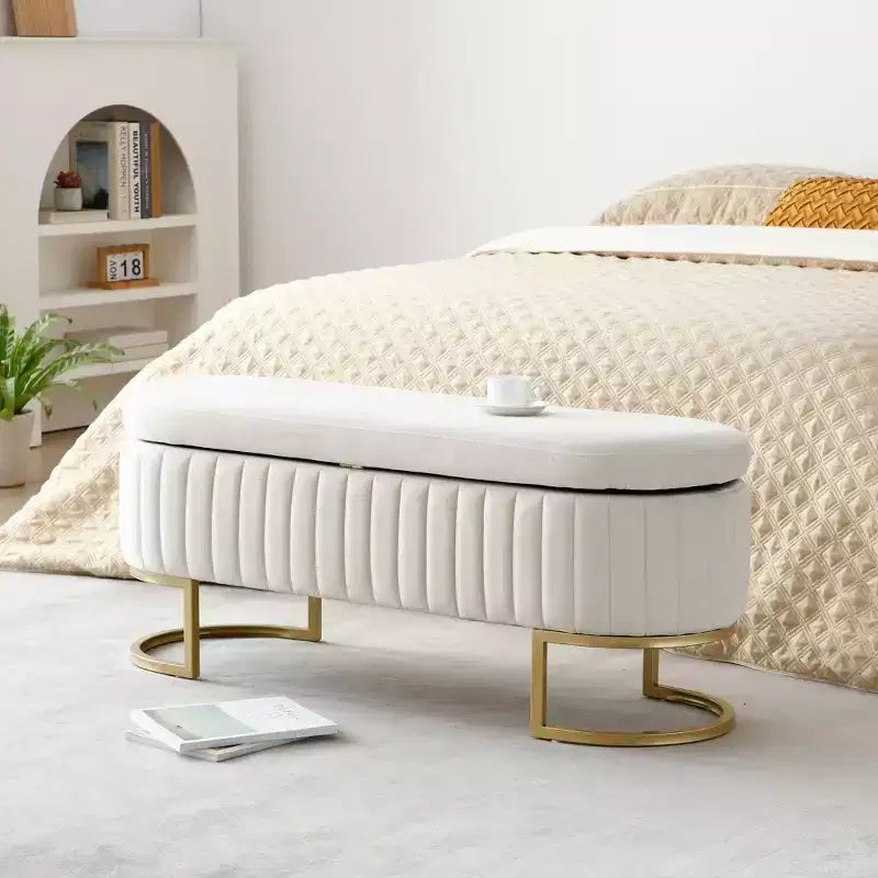 Okak 50IN Pouf de rangement ovale avec pieds en métal doré, banc d'entrée rembourré, banc de rangement de bout de lit pour chambre, salon