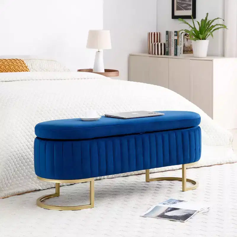 Okak 50IN Pouf de rangement ovale avec pieds en métal doré, banc d'entrée rembourré, banc de rangement de bout de lit pour chambre, salon