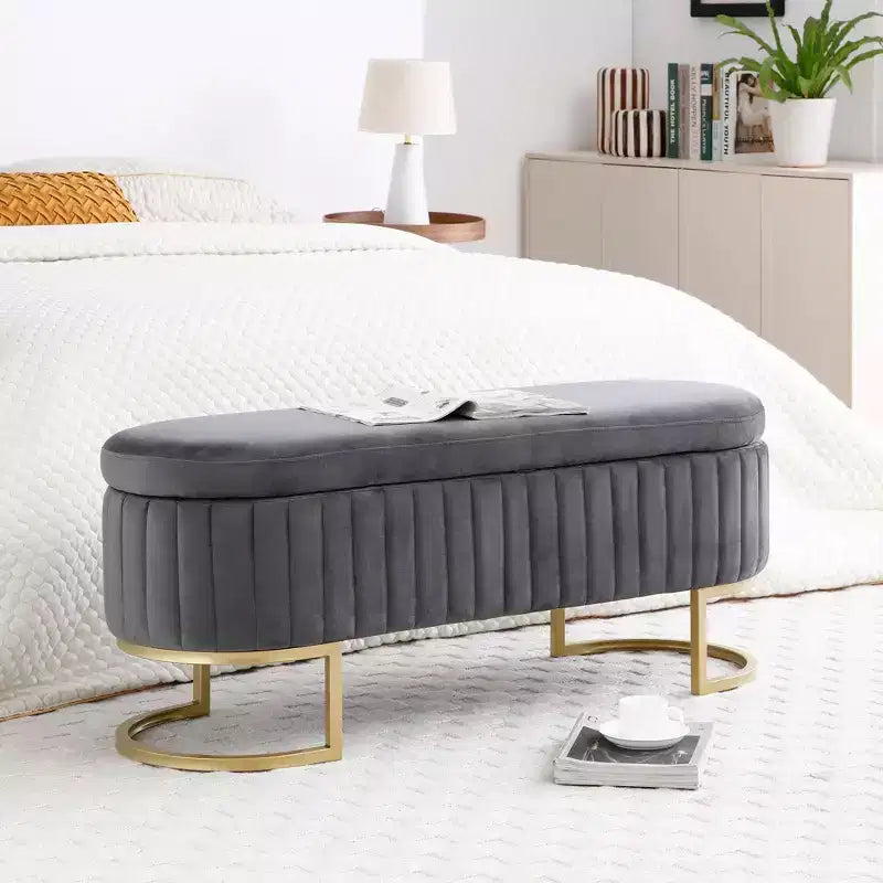Okak 50IN Pouf de rangement ovale avec pieds en métal doré, banc d'entrée rembourré, banc de rangement de bout de lit pour chambre, salon