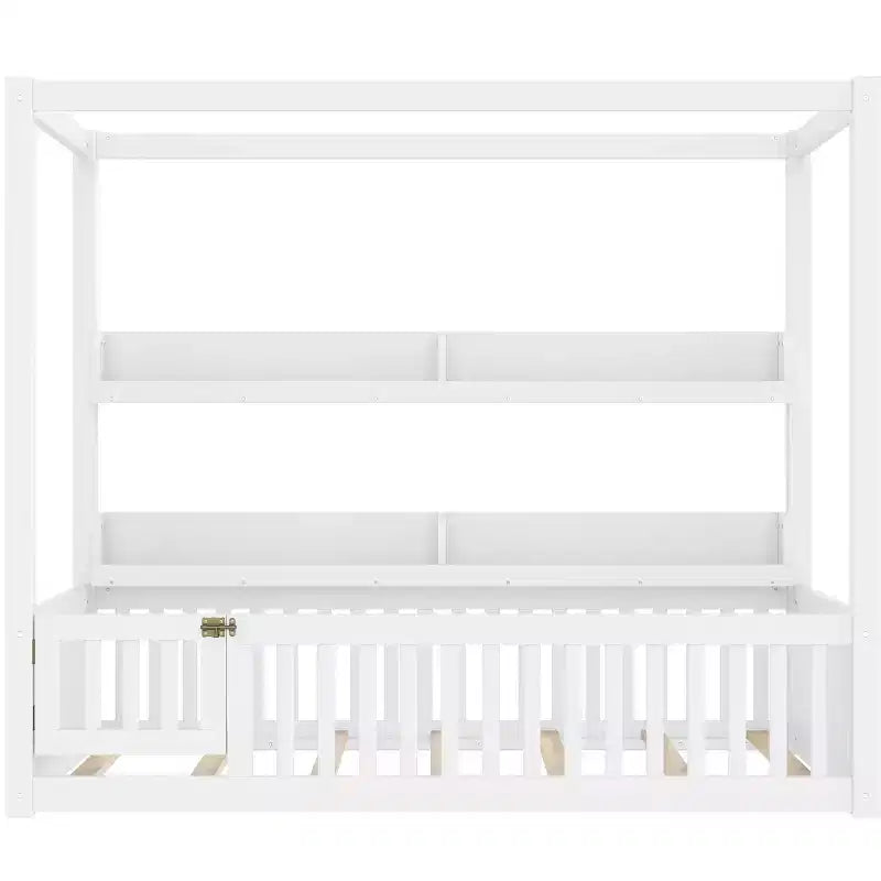 Lit au sol Bellemave avec baldaquin, barrières de sécurité et étagères, cadre de lit au sol en bois massif avec porte et Montessori pour enfants, aucun sommier tapissier requis