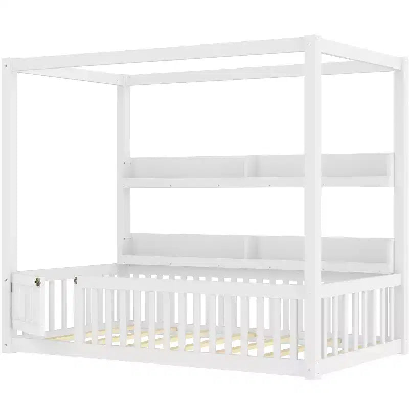 Lit au sol Bellemave avec baldaquin, barrières de sécurité et étagères, cadre de lit au sol en bois massif avec porte et Montessori pour enfants, aucun sommier tapissier requis