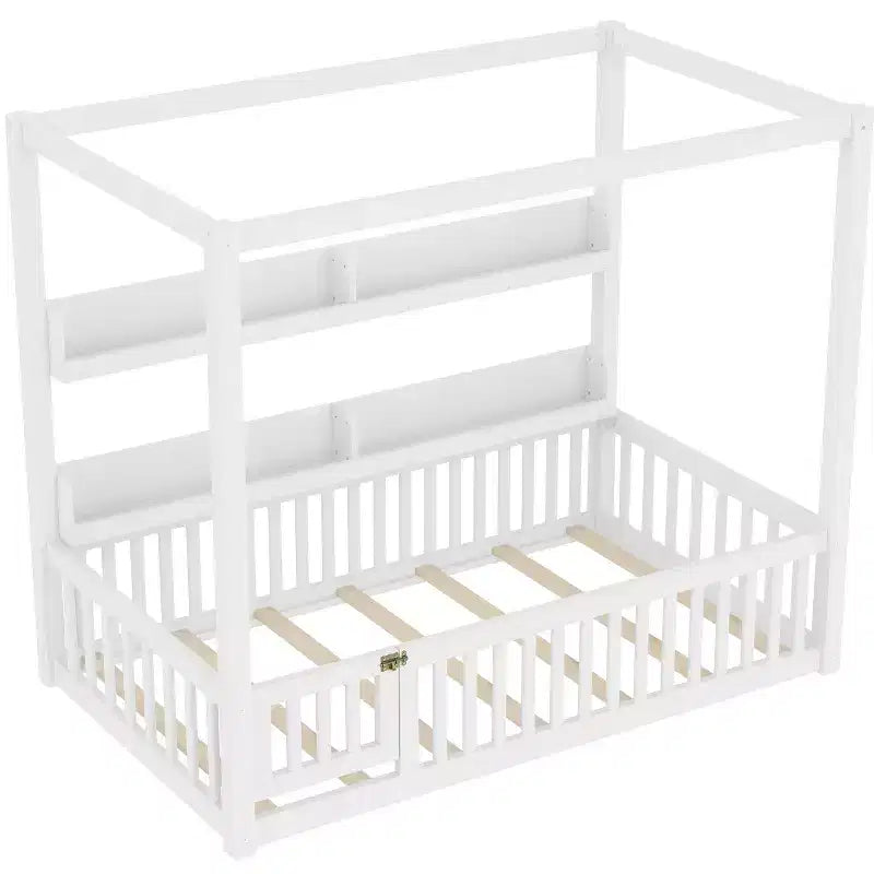 Lit au sol Bellemave avec baldaquin, barrières de sécurité et étagères, cadre de lit au sol en bois massif avec porte et Montessori pour enfants, aucun sommier tapissier requis