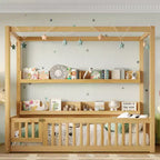 Lit au sol Bellemave avec baldaquin, barrières de sécurité et étagères, cadre de lit au sol en bois massif avec porte et Montessori pour enfants, aucun sommier tapissier requis