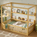 Lit au sol Bellemave avec baldaquin, barrières de sécurité et étagères, cadre de lit au sol en bois massif avec porte et Montessori pour enfants, aucun sommier tapissier requis