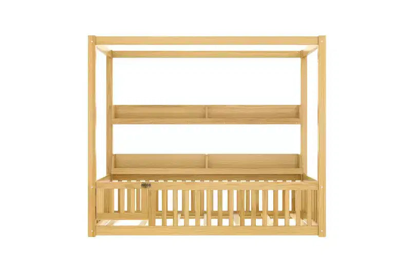 Lit au sol Bellemave avec baldaquin, barrières de sécurité et étagères, cadre de lit au sol en bois massif avec porte et Montessori pour enfants, aucun sommier tapissier requis