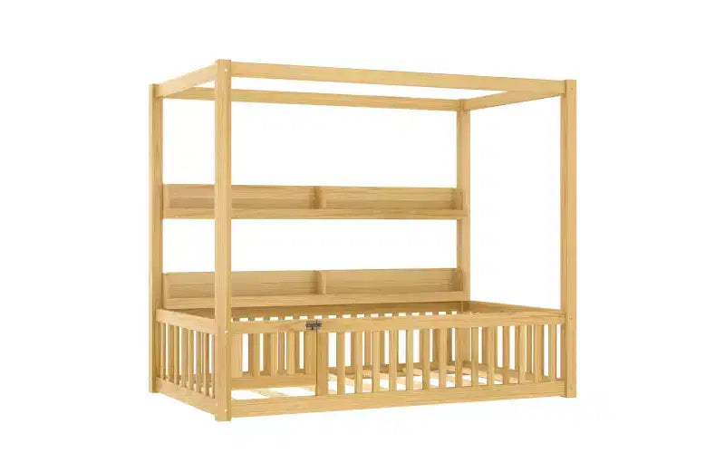 Lit au sol Bellemave avec baldaquin, barrières de sécurité et étagères, cadre de lit au sol en bois massif avec porte et Montessori pour enfants, aucun sommier tapissier requis