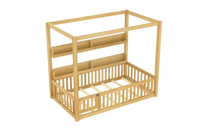 Lit au sol Bellemave avec baldaquin, barrières de sécurité et étagères, cadre de lit au sol en bois massif avec porte et Montessori pour enfants, aucun sommier tapissier requis