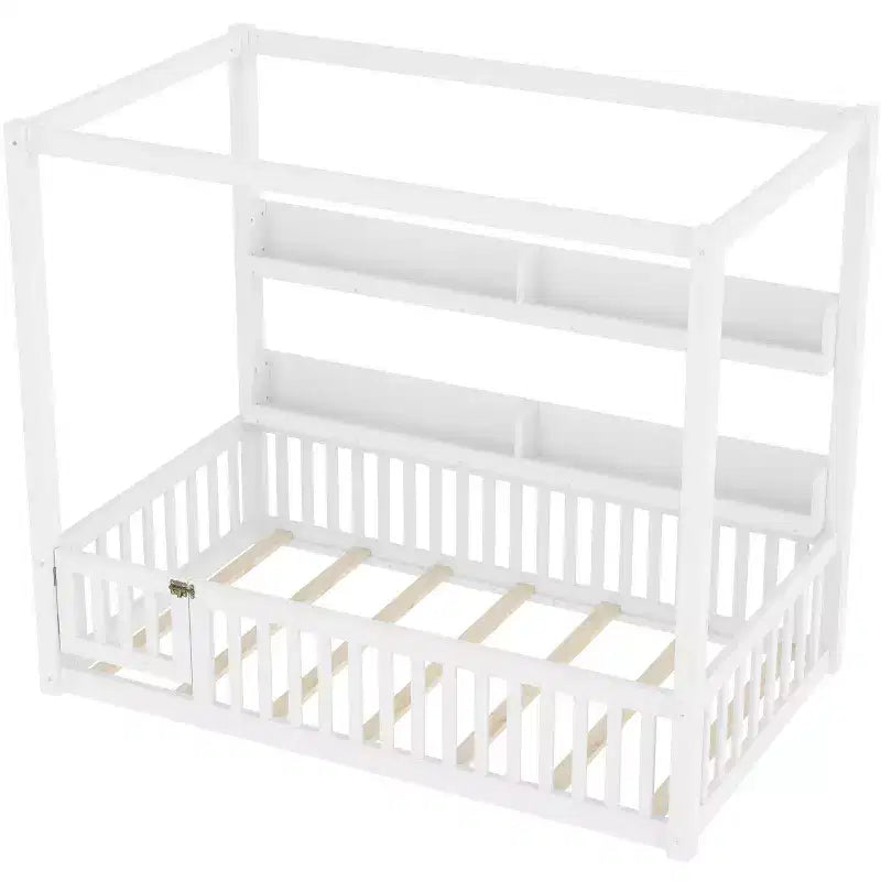 Lit au sol Bellemave avec baldaquin, barrières de sécurité et étagères, cadre de lit au sol en bois massif avec porte et Montessori pour enfants, aucun sommier tapissier requis