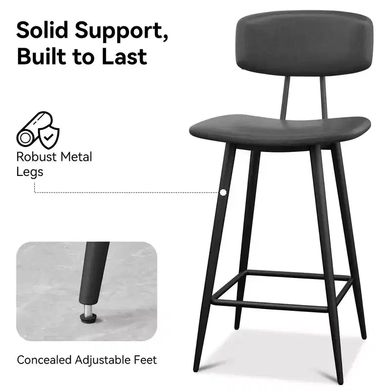 Tabourets de bar Dyonery hauteur comptoir 65 cm, en similicuir avec dossier, imperméables et cadre en métal robuste pour îlot de cuisine, gris rustique