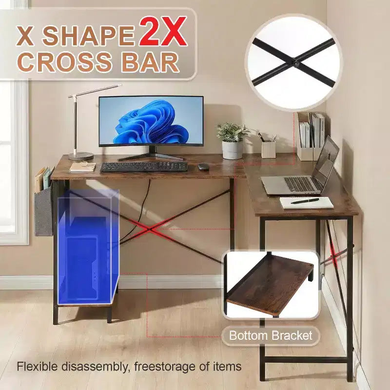 BestMassage Bureau d'ordinateur moderne en L pour bureau à domicile, bureau de jeu robuste avec support CPU et sac de rangement