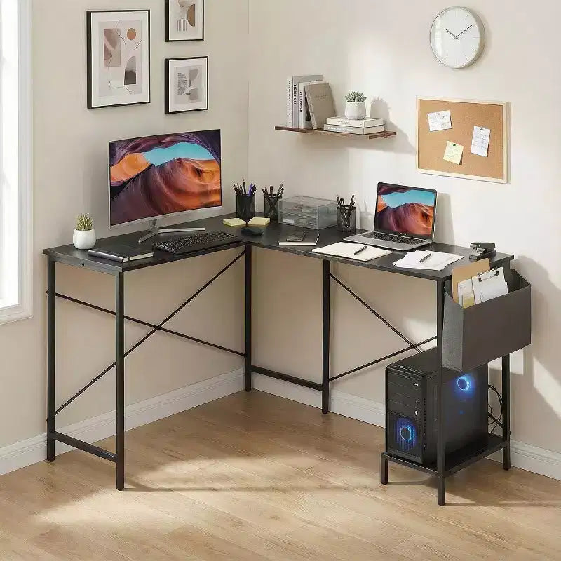 BestMassage Bureau d'ordinateur moderne en L pour bureau à domicile, bureau de jeu robuste avec support CPU et sac de rangement