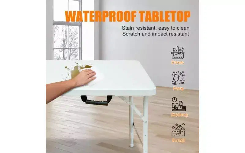 Table pliante, Table pliante portable en plastique robuste avec poignée, pieds antidérapants, imperméable, facile à nettoyer, hauteur réglable, pliable