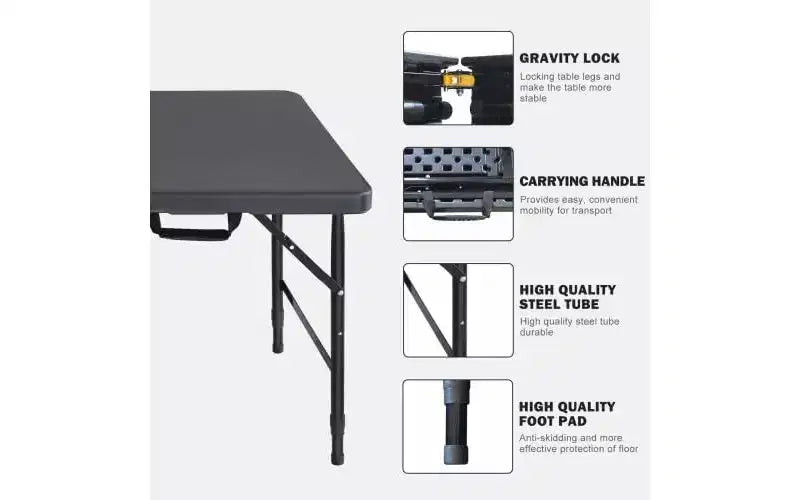 Table pliante, Table pliante portable en plastique robuste avec poignée, pieds antidérapants, imperméable, facile à nettoyer, hauteur réglable, pliable