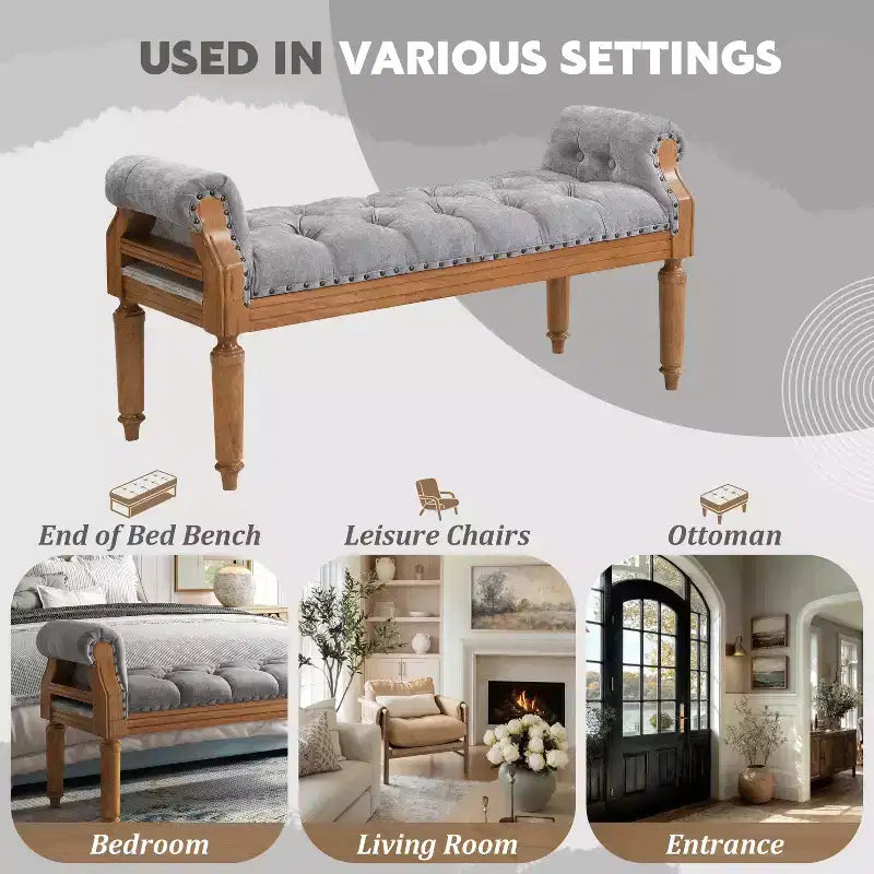 Banc capitonné Christopher Knight Home Lena de style mi-siècle moderne en bois d'hévéa et tissu, avec accoudoirs arrondis