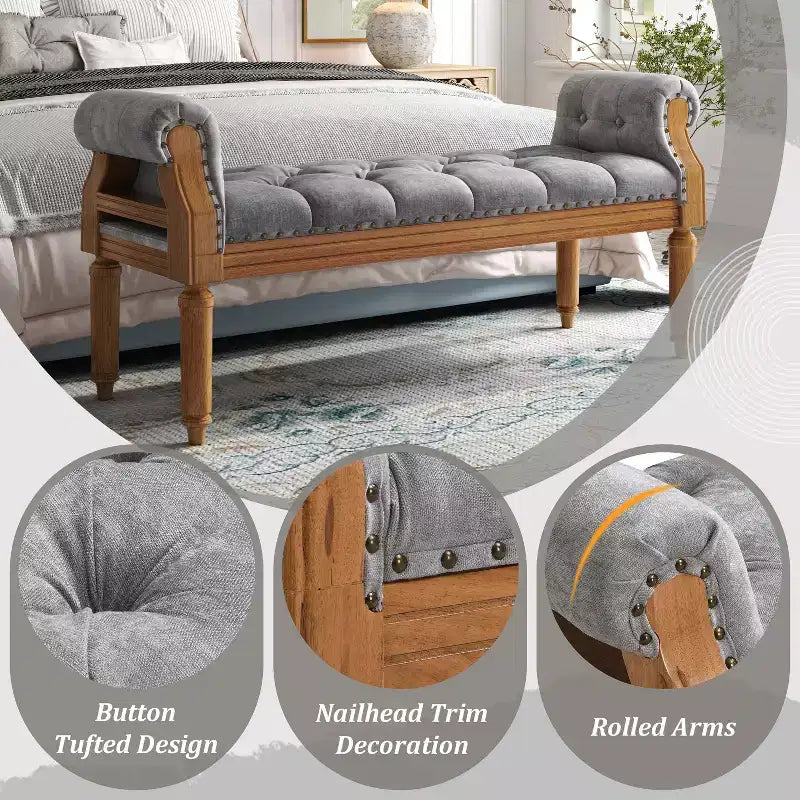 Banc capitonné Christopher Knight Home Lena de style mi-siècle moderne en bois d'hévéa et tissu, avec accoudoirs arrondis