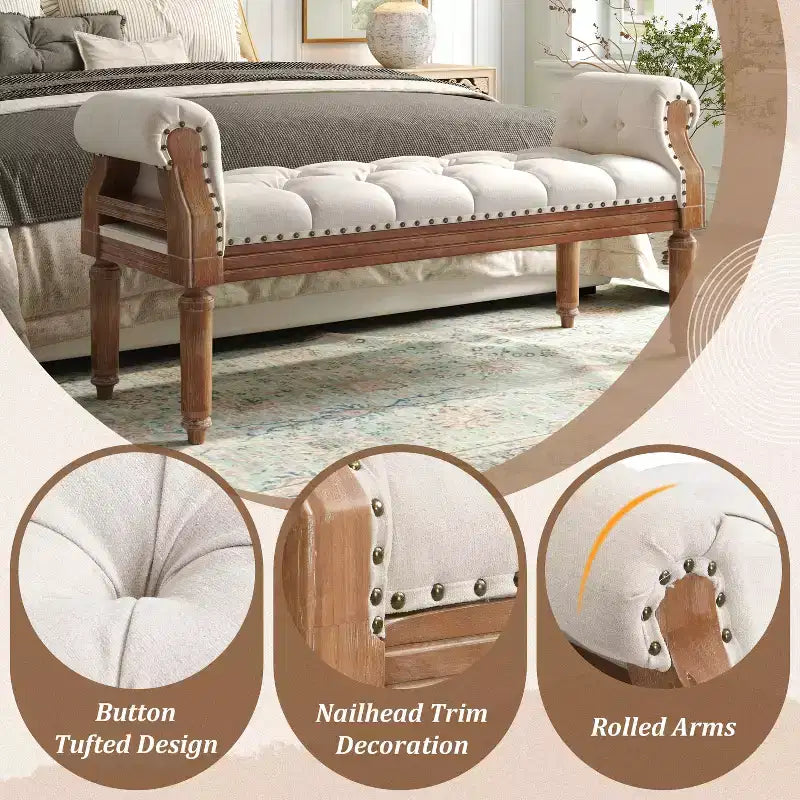 Banc capitonné Christopher Knight Home Lena de style mi-siècle moderne en bois d'hévéa et tissu, avec accoudoirs arrondis