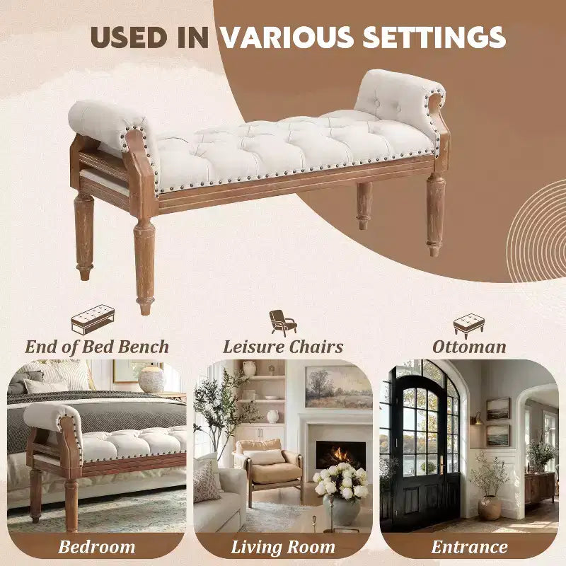 Banc capitonné Christopher Knight Home Lena de style mi-siècle moderne en bois d'hévéa et tissu, avec accoudoirs arrondis