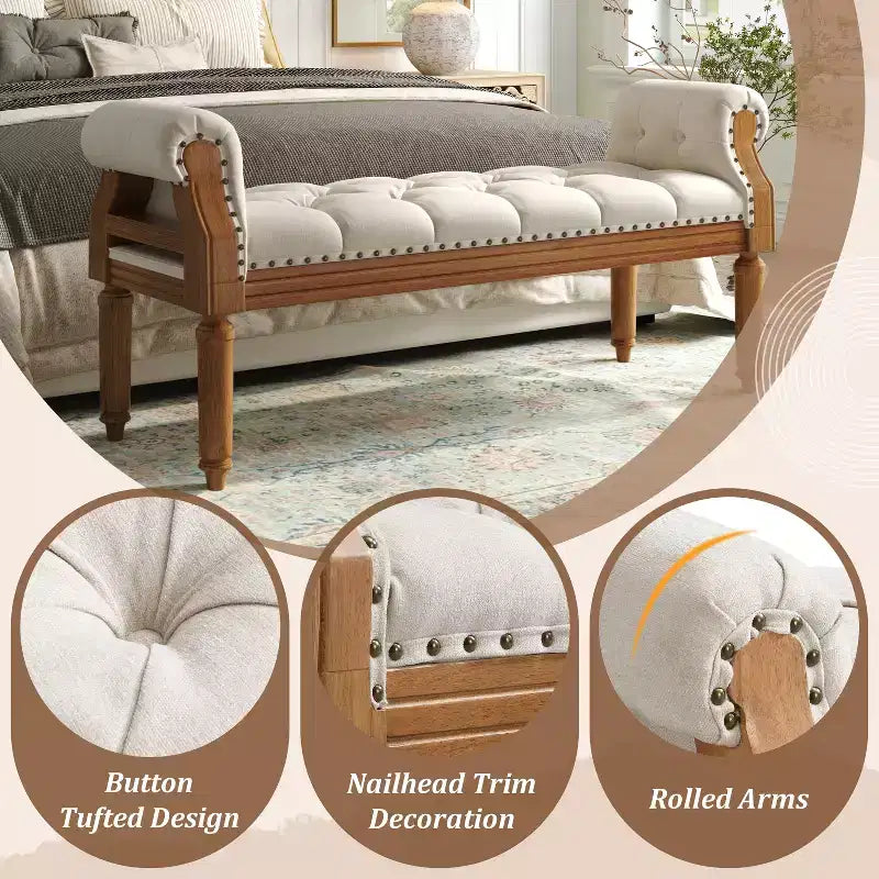 Banc capitonné Christopher Knight Home Lena de style mi-siècle moderne en bois d'hévéa et tissu, avec accoudoirs arrondis