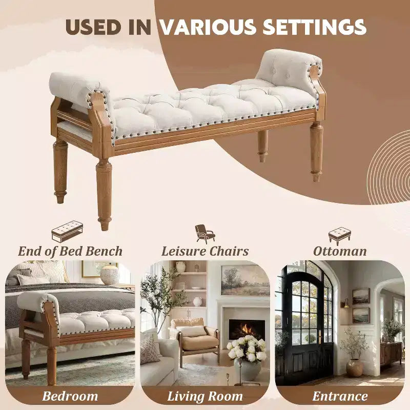 Banc capitonné Christopher Knight Home Lena de style mi-siècle moderne en bois d'hévéa et tissu, avec accoudoirs arrondis