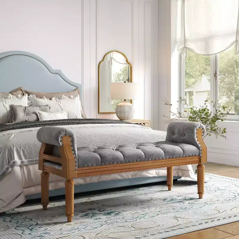 Banc capitonné Christopher Knight Home Lena de style mi-siècle moderne en bois d'hévéa et tissu, avec accoudoirs arrondis