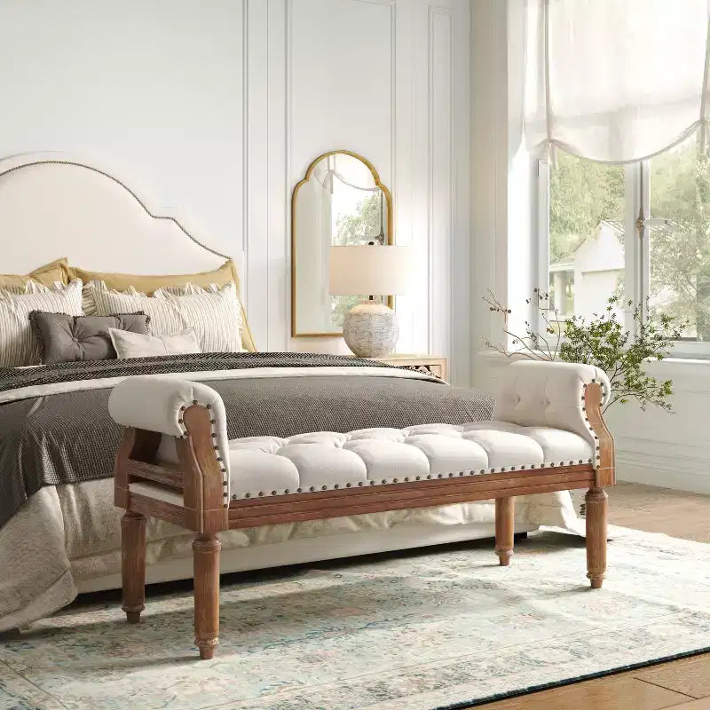 Banc capitonné Christopher Knight Home Lena de style mi-siècle moderne en bois d'hévéa et tissu, avec accoudoirs arrondis