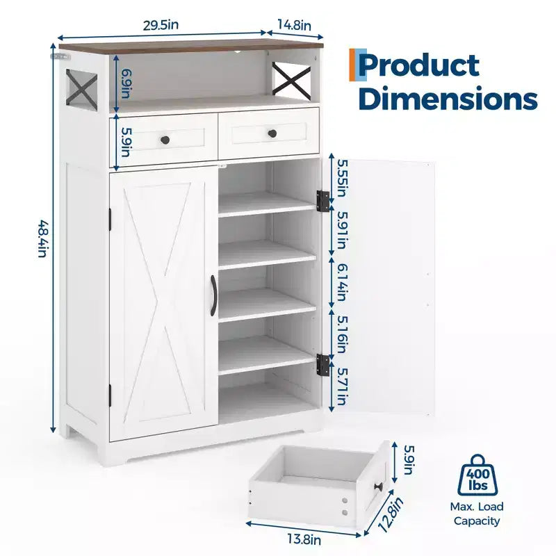 Meuble à chaussures de style ferme moderne, meuble de rangement pour chaussures étroit autoportant avec tiroirs et étagères réglables, adapté au rangement dans l'entrée.