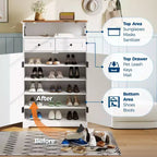 Meuble à chaussures de style ferme moderne, meuble de rangement pour chaussures étroit autoportant avec tiroirs et étagères réglables, adapté au rangement dans l'entrée.