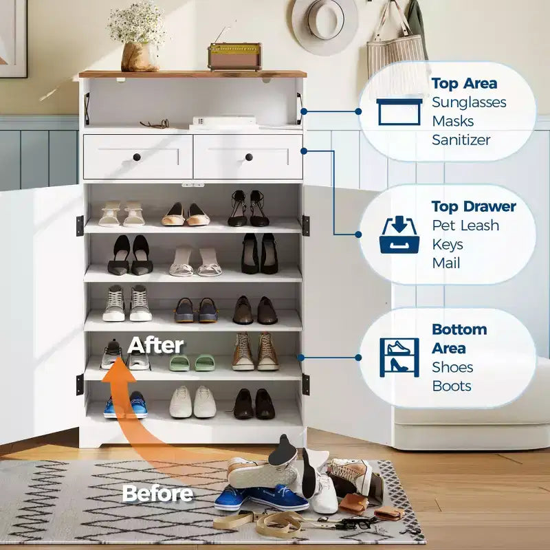 Meuble à chaussures de style ferme moderne, meuble de rangement pour chaussures étroit autoportant avec tiroirs et étagères réglables, adapté au rangement dans l'entrée.