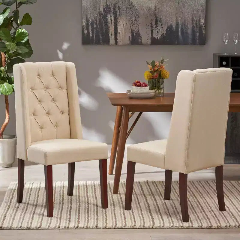 Lot de 2 chaises de salle à manger Blount en bois avec coussins en tissu, finition beige/naturel, structure en bouleau, dossier capitonné