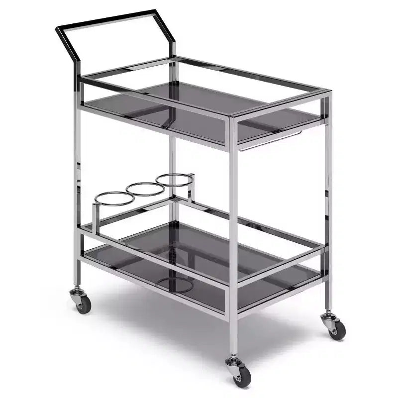 WyndenHall Snell Bar Cart Chrome: Modern Glass & Steel, Fixed Shelf, Indoor Use, 100 lbs Capacity