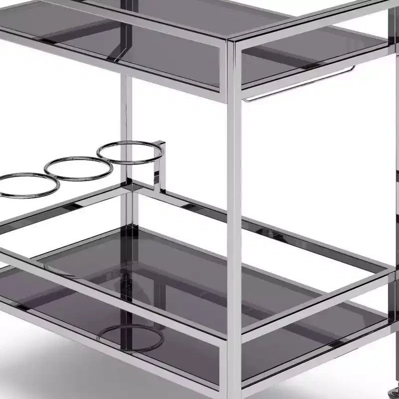 Chariot de bar WyndenHall Snell Chrome : verre et acier modernes, étagère fixe, utilisation en intérieur, capacité de 45 kg