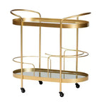 Chariot de bar à vin mobile à 2 niveaux Kamal Glam en métal brossé et verre miroir doré - Baxton Studio : Chariot de service élégant avec roues