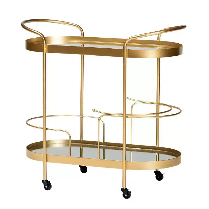 Chariot de bar à vin mobile à 2 niveaux Kamal Glam en métal brossé et verre miroir doré - Baxton Studio : Chariot de service élégant avec roues
