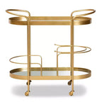 Chariot de bar à vin mobile à 2 niveaux Kamal Glam en métal brossé et verre miroir doré - Baxton Studio : Chariot de service élégant avec roues