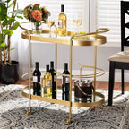 Chariot de bar à vin mobile à 2 niveaux Kamal Glam en métal brossé et verre miroir doré - Baxton Studio : Chariot de service élégant avec roues