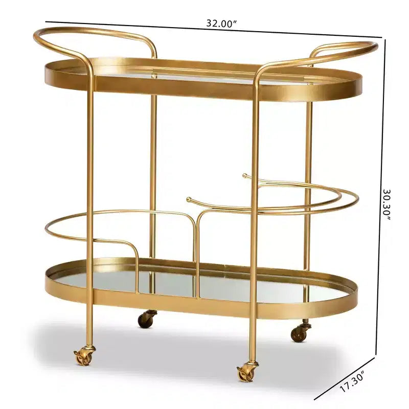 Chariot de bar à vin mobile à 2 niveaux Kamal Glam en métal brossé et verre miroir doré - Baxton Studio : Chariot de service élégant avec roues
