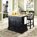 Îlot de cuisine Crosley Oxford avec 2 tabourets à dossier en X noirs : Style traditionnel, porte-serviettes, 4 étagères, 2 tiroirs
