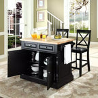 Îlot de cuisine Crosley Oxford avec 2 tabourets à dossier en X noirs : Style traditionnel, porte-serviettes, 4 étagères, 2 tiroirs