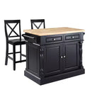 Îlot de cuisine Crosley Oxford avec 2 tabourets à dossier en X noirs : Style traditionnel, porte-serviettes, 4 étagères, 2 tiroirs