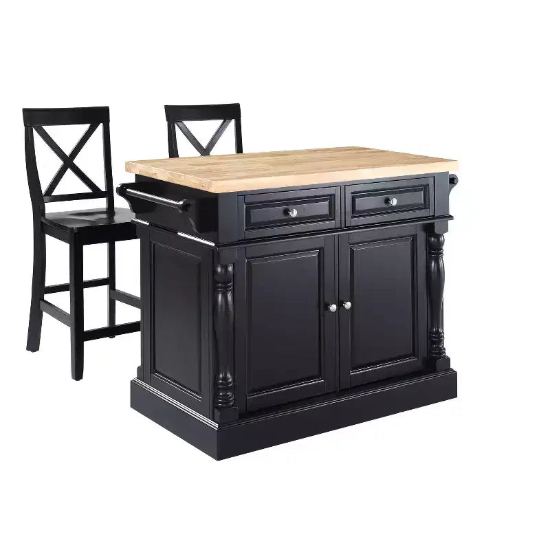 Îlot de cuisine Crosley Oxford avec 2 tabourets à dossier en X noirs : Style traditionnel, porte-serviettes, 4 étagères, 2 tiroirs