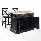 Îlot de cuisine Crosley Oxford avec 2 tabourets à dossier en X noirs : Style traditionnel, porte-serviettes, 4 étagères, 2 tiroirs