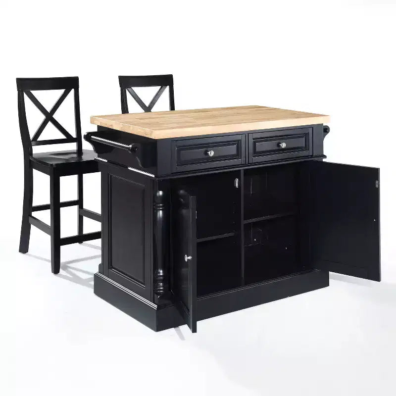 Îlot de cuisine Crosley Oxford avec 2 tabourets à dossier en X noirs : Style traditionnel, porte-serviettes, 4 étagères, 2 tiroirs