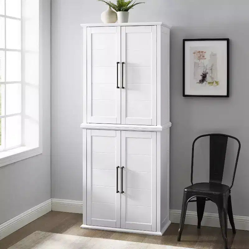 Meuble de Rangement Haut Bartlett à 2 Éléments Superposables Blanc - Crosley : Style Ferme Moderne, 4 Portes, 6 Étagères