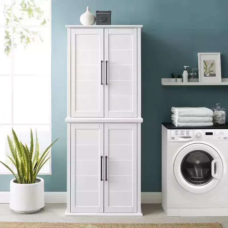 Meuble de Rangement Haut Bartlett à 2 Éléments Superposables Blanc - Crosley : Style Ferme Moderne, 4 Portes, 6 Étagères