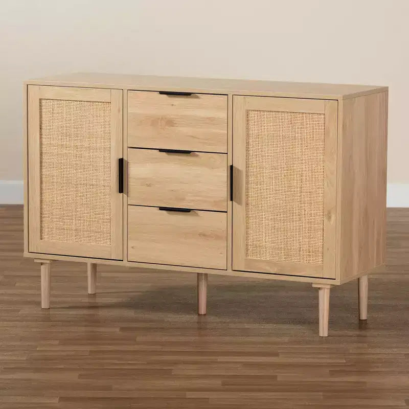 Bahut de salle à manger Harrison Wood and Rattan 3 tiroirs avec rangement – Baxton Studio