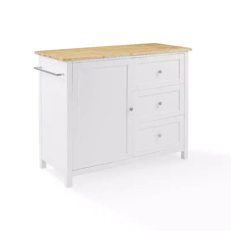 Îlot de cuisine/Chariot de cuisine Soren Wood Top Naturel/Blanc - Crosley : Étagères réglables, option chariot mobile, style Shaker
