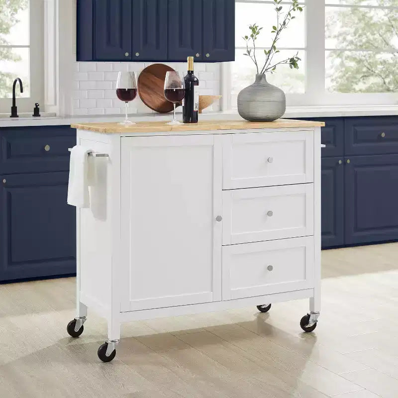 Îlot de cuisine/Chariot de cuisine Soren Wood Top Naturel/Blanc - Crosley : Étagères réglables, option chariot mobile, style Shaker